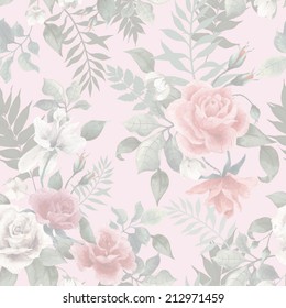 Seamless floral pattern with roses on light background, watercolor. Vector illustration.