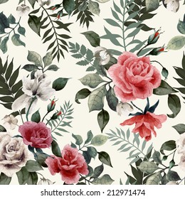 Seamless floral pattern with roses on light background, watercolor. Vector illustration.