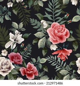 Seamless floral pattern with roses on dark background, watercolor. Vector illustration.