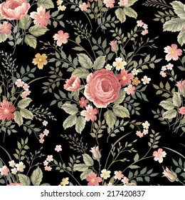 seamless floral pattern with roses on black background