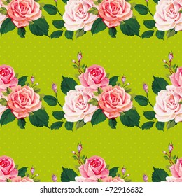 Seamless floral pattern with roses on green leaves