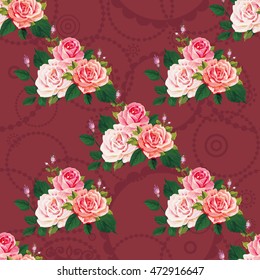 Seamless floral pattern with roses on green leaves