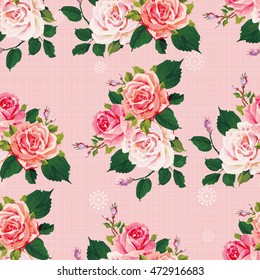 Seamless floral pattern with roses on green leaves