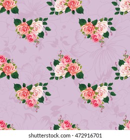Patrón floral sin soldadura con rosas sobre hojas verdes