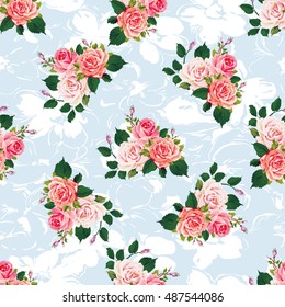 Patrón floral sin fisuras con rosas en hojas verdes Vector Ilustración EPS8