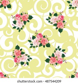 Seamless floral pattern with roses on green leaves Vector Illustration EPS8