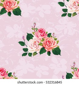 Seamless floral pattern with roses on green leaves Vector Illustration EPS8