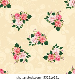 Seamless floral pattern with roses on green leaves Vector Illustration EPS8