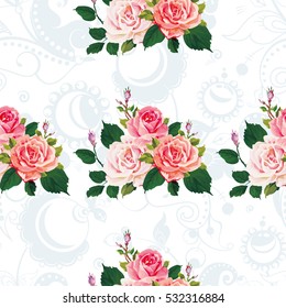 Seamless floral pattern with roses on green leaves Vector Illustration EPS8