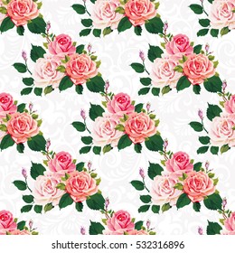 Seamless floral pattern with roses on green leaves Vector Illustration EPS8