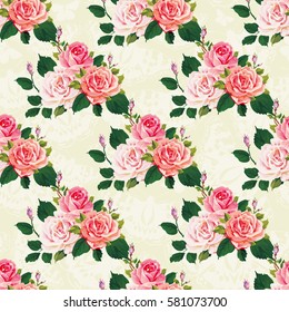 Nahtlose Blumenmuster mit Rosen auf grünen Blättern Vektor Illustration EPS8