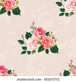 Seamless floral pattern with roses on green leaves Vector Illustration EPS8