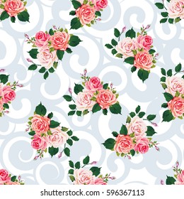 Seamless floral pattern with roses on green leaves Vector Illustration EPS8