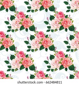 Nahtlose Blumenmuster mit Rosen auf grünen Blättern Vektor Illustration EPS8