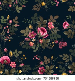 seamless floral pattern with roses on dark background