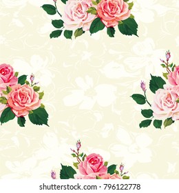 Patrón floral sin fisuras con rosas sobre hojas verdes Vector Ilustración