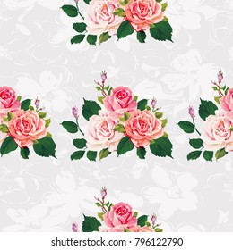 Seamless floral pattern with roses on green leaves Vector Illustration