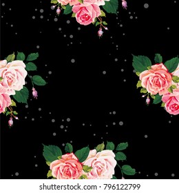 Patrón floral sin fisuras con rosas sobre hojas verdes Vector Ilustración
