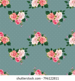 Patrón floral sin fisuras con rosas sobre hojas verdes Vector Ilustración