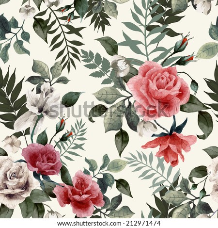 Seamless floral pattern with roses on light background, watercolor. Vector illustration.