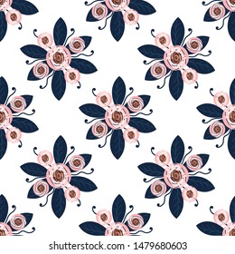 Seamless floral pattern with roses or peonies and leaves, cute, attractive and simple pattern for print, print, greeting cards and various design decisions. White background