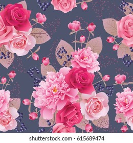 Seamless floral pattern with roses and peonies.Background for web pages, wedding invitations, save the date cards. Flower vector background. EPS 10 vector.