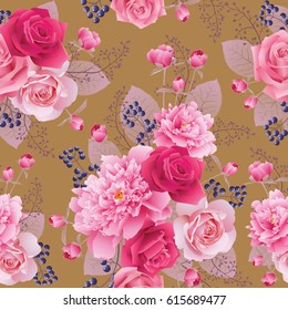 Seamless floral pattern with roses and peonies.Background for web pages, wedding invitations, save the date cards. Flower vector background. EPS 10 vector.