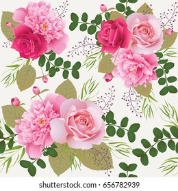 Seamless floral pattern with roses and peonies.Background for web pages, wedding invitations, save the date cards. Flower vector background. EPS 10 vector.