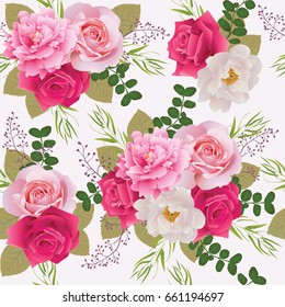 Seamless floral pattern with roses and peonies.Background for web pages, wedding invitations, save the date cards. Flower vector background. EPS 10 vector.