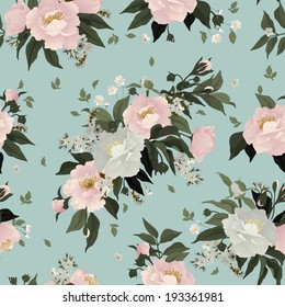 Seamless floral pattern with roses and peony on light  background. Vector illustration.