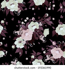 Seamless floral pattern with roses and peony on black  background. Vector illustration.