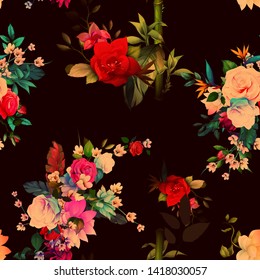 Seamless floral pattern. Roses, tropical leaf, wild flowers with branches and strawberry on black. Abstract version, hand drawn illustration. Vector - stock.