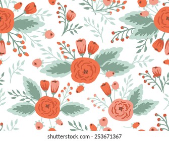 Seamless floral pattern, roses and tulips, vintage illustration.
