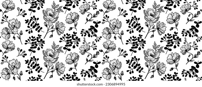 Seamless floral pattern with roses. Vector illustration. Seamless pattern vintage flowers on white background