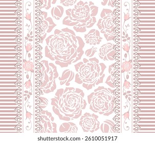 Seamless floral pattern with roses Vector vintage striped background, border. Shabby chic style