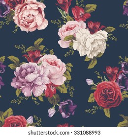 Seamless floral pattern with roses. Vector illustration.