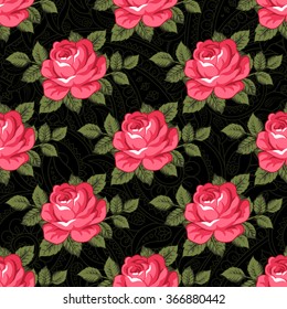 Seamless floral pattern with roses. Vector illustration in retro style.