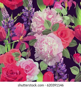 Seamless floral pattern with roses. Vector illustration.

