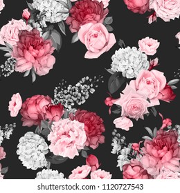 Seamless floral pattern with roses, watercolor. Vector illustration.
