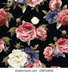Seamless floral pattern with roses, watercolor. Vector illustration. 
