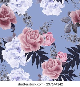 Seamless floral pattern with roses, watercolor. Vector illustration. 