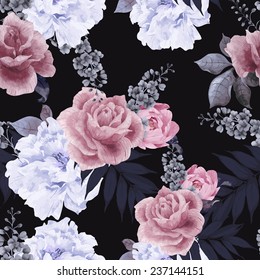 Seamless floral pattern with roses, watercolor. Vector illustration. 