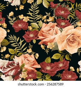 Seamless floral pattern with roses, watercolor. Vector illustration. 