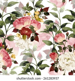 Seamless floral pattern with roses, watercolor. Vector. 