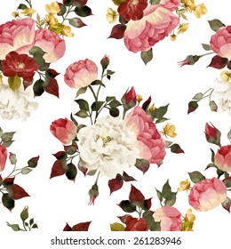 Seamless floral pattern with roses, watercolor. Vector. 