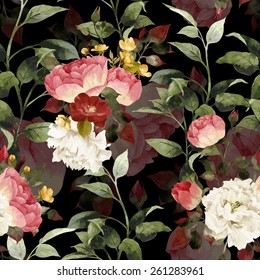Seamless floral pattern with roses, watercolor. Vector. 