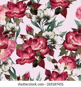 Seamless floral pattern with roses, watercolor. Vector illustration.
