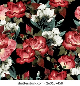 Seamless floral pattern with roses, watercolor. Vector illustration.
