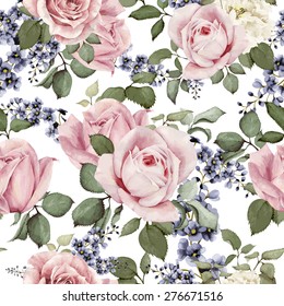 Seamless floral pattern with roses, watercolor. Vector illustration.
