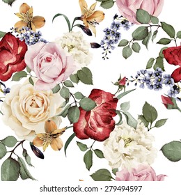 Seamless floral pattern with roses, watercolor. Vector illustration.
